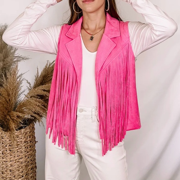 ODDY Jackets & Blazers - NWT ODDY Pink Fringe Faux Suede Vest Sz L